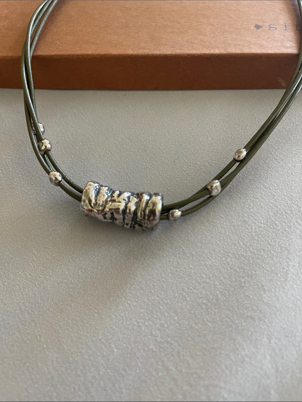 Silpada Olive Green Multi-Strand Leather Necklace with Textured Silver Bead - Picture 3 of 3